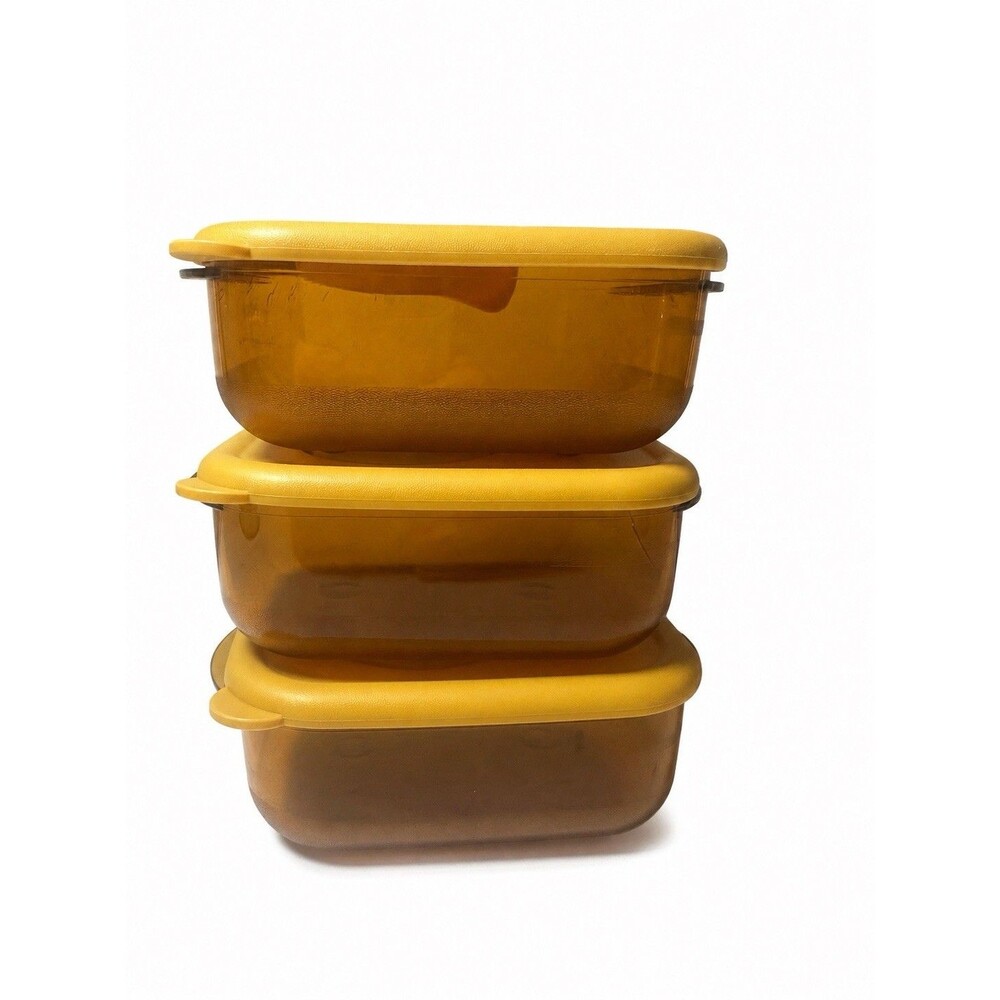 Tupperware Rock N Serve 1 Cup 3387A Amber Gold Microwave Containers Lids Set 3